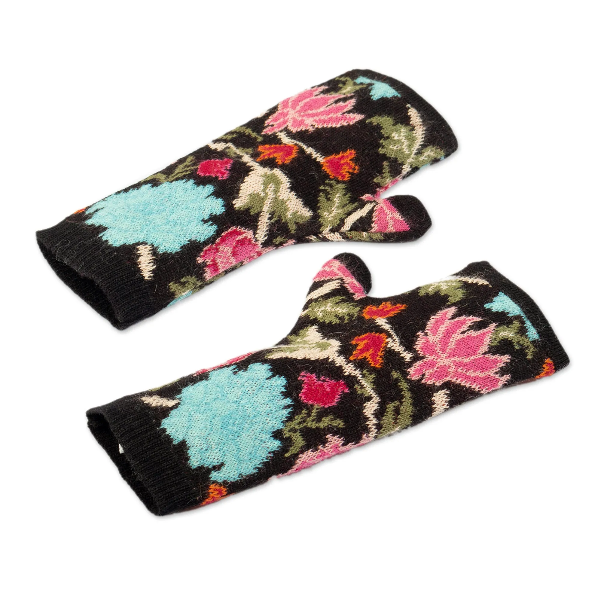 Baby Alpaca Fingerless Mitts with Floral Motifs - Ebony Baroque | NOVICA