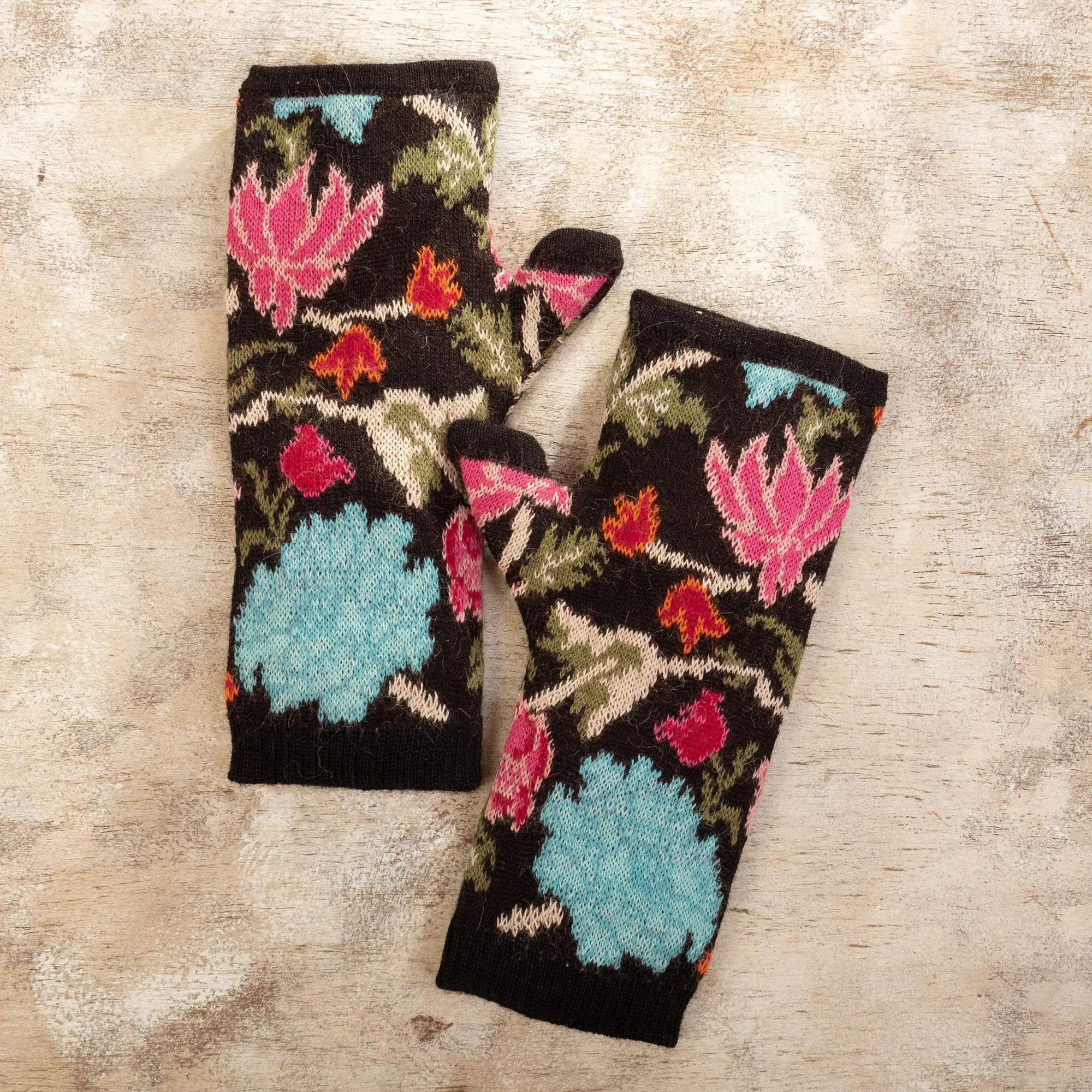 Baby Alpaca Fingerless Mitts with Floral Motifs - Ebony Baroque | NOVICA