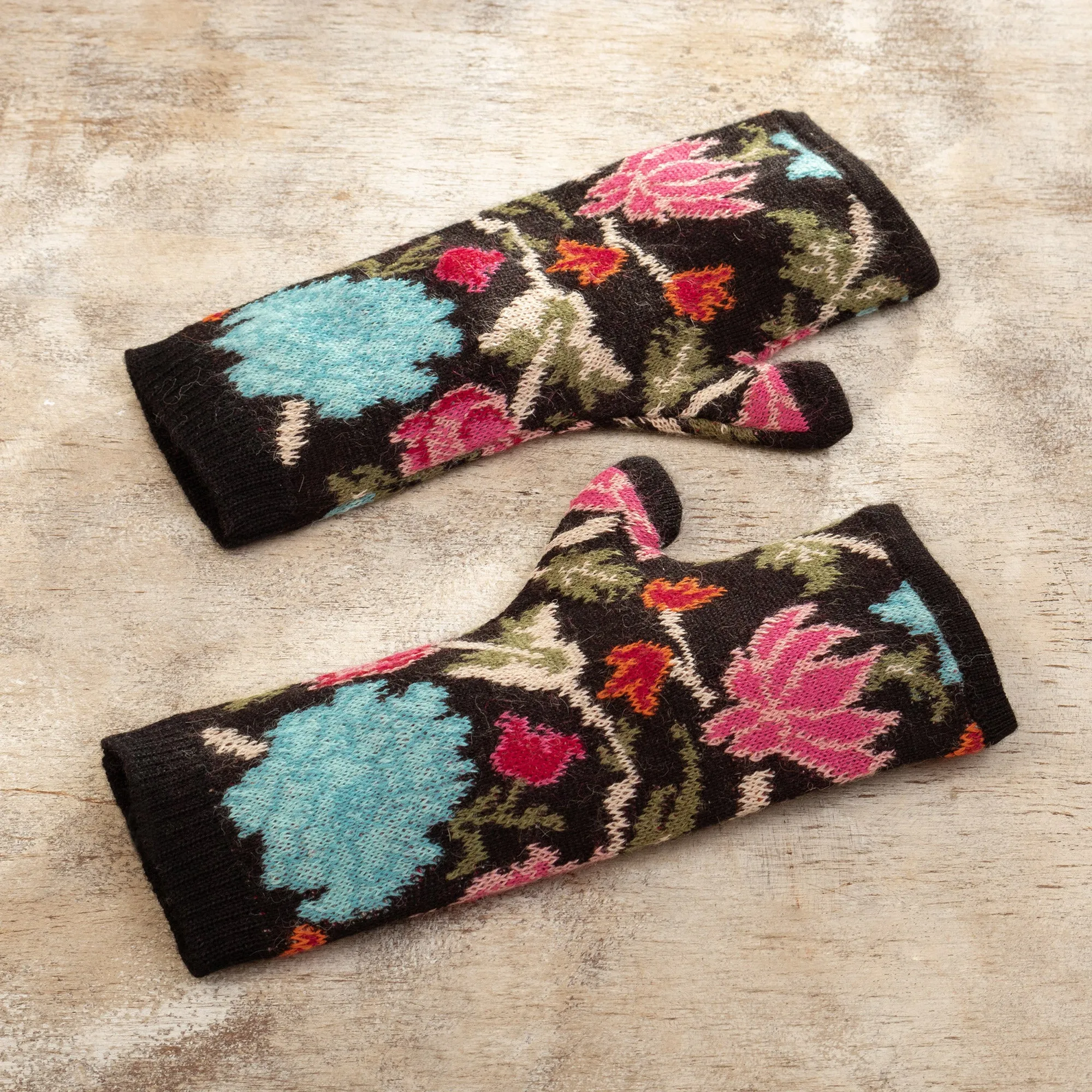 Baby Alpaca Fingerless Mitts with Floral Motifs - Ebony Baroque | NOVICA