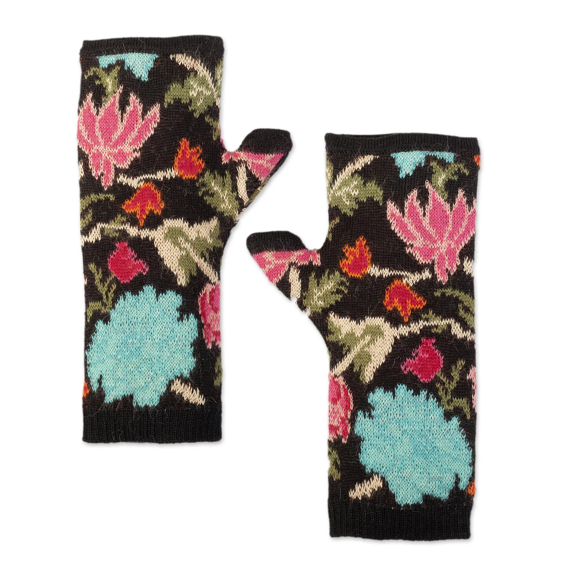 Baby Alpaca Fingerless Mitts with Floral Motifs - Ebony Baroque | NOVICA