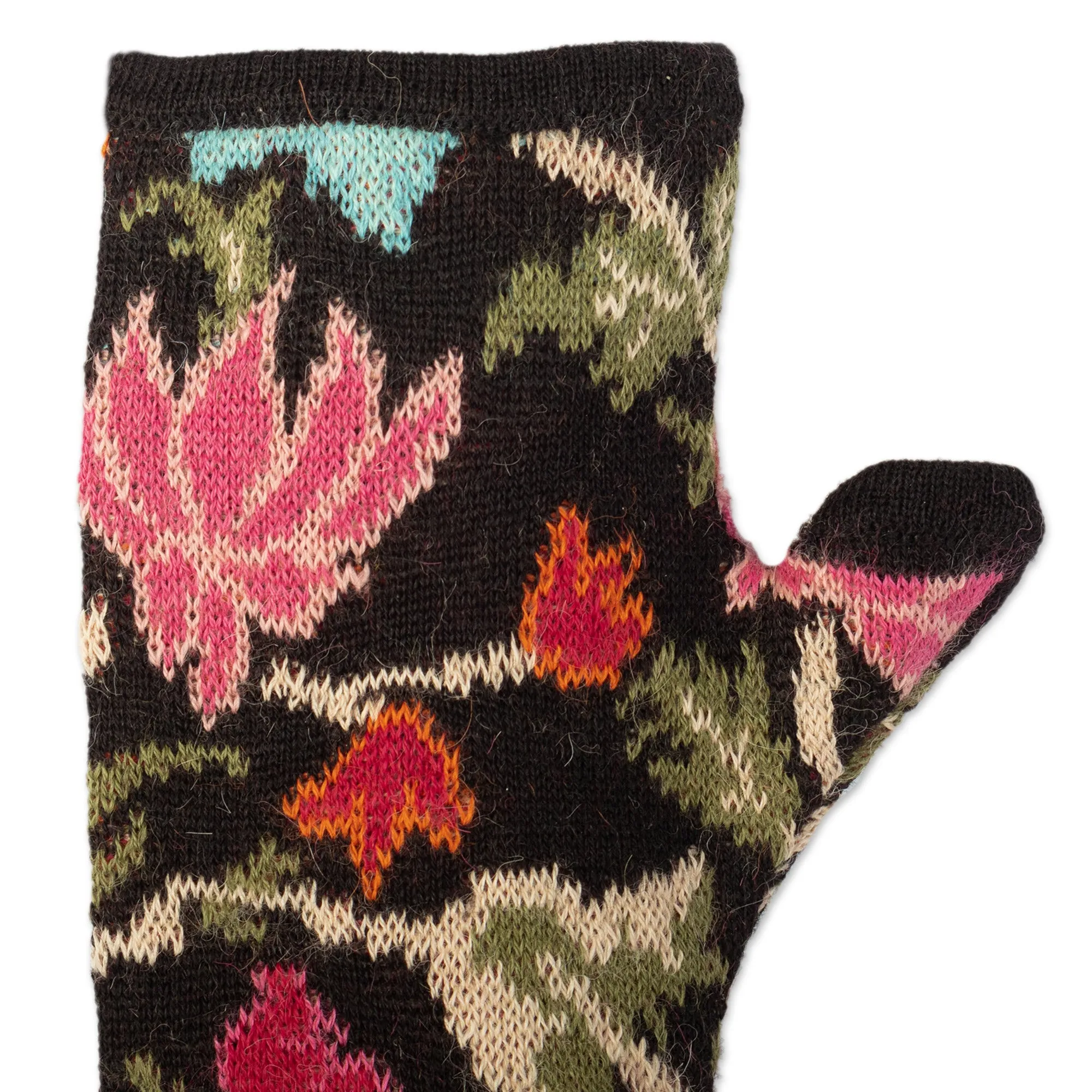 Baby Alpaca Fingerless Mitts with Floral Motifs - Ebony Baroque | NOVICA