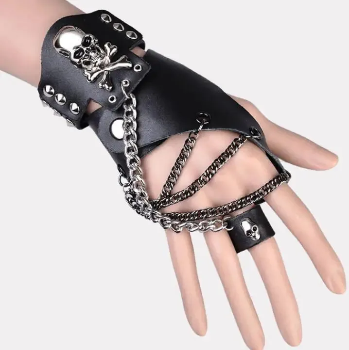Fashion Half-finger Chain Ring Genuine Leather Punk Rivet Gloves