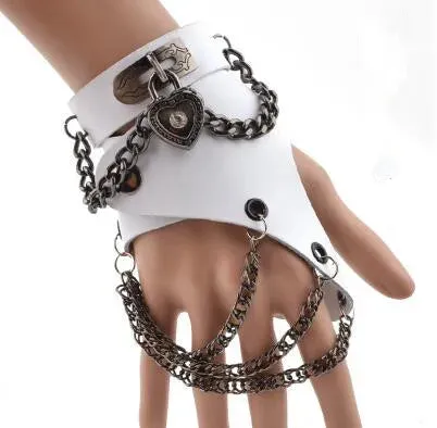 Fashion Half-finger Chain Ring Genuine Leather Punk Rivet Gloves
